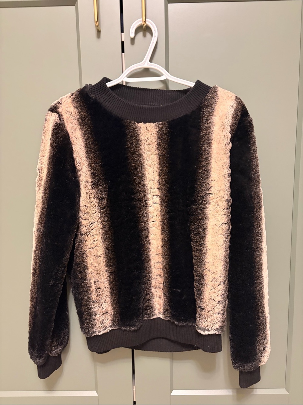 Women’s Super Soft Faux Fur Crewneck Sweater - Black and Cream